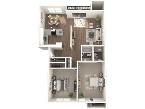A top-down view of a house layout with a kitchen, living room, and two bedrooms.